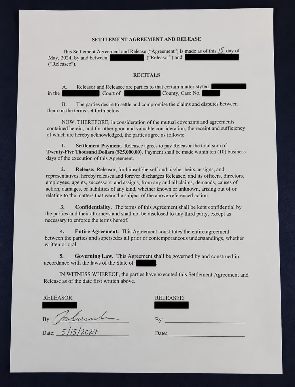 Redacted sample settlement agreement and release for the Funder B (name withheld) matter